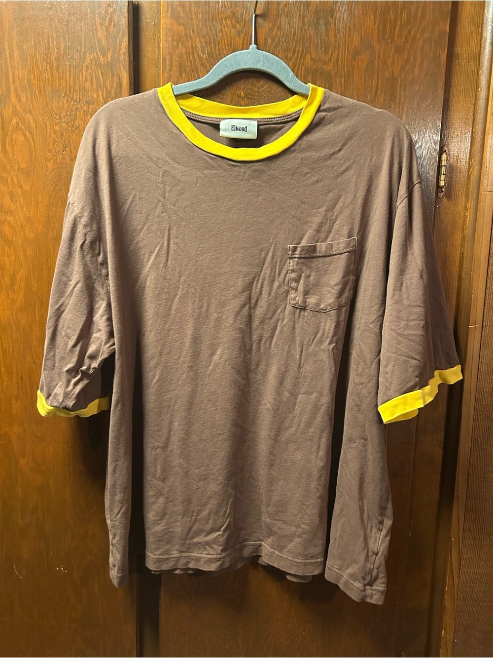 Elwood Brown Pocket Ringer T-Shirt with Yellow Trim
